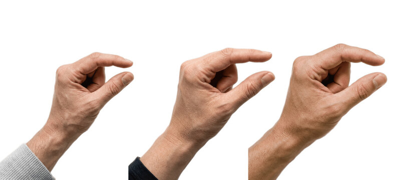 Set of male hands showing pinch gesture indicating small amount or tiny size, realistic closeup communication and measurement sign isolated on white studio background

