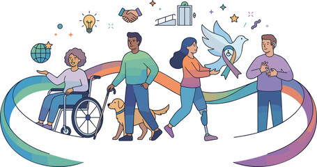 Fototapeta premium People with disabilities team with diverse disabled community accessibility inclusion global connectivity and partnership concept