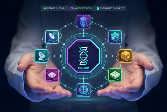 Hands holding holographic secure network with DNA core showing end to end encryption for 6 verified nodes cloud server data protection and cybersecurity infrastructure