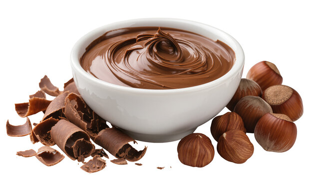 Chocolate hazelnut spread in bowl with nuts and shavings