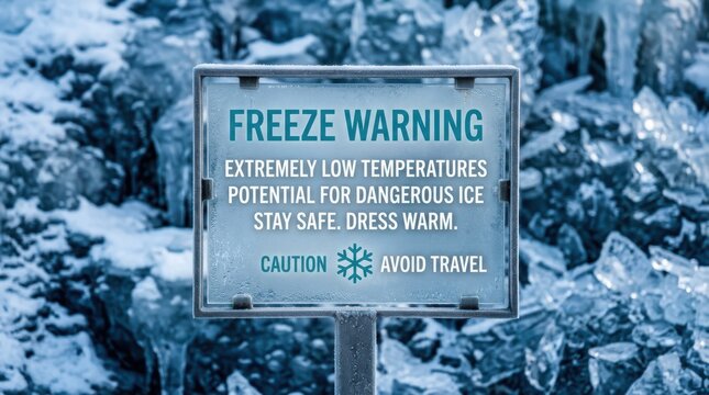 Freeze warning caution against dangerous ice and extremely low temperatures winter safety sign