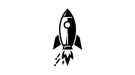 Black and white rocket ship icon launching with flames, isolated on white background. © Eter