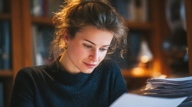 Young woman studying intently at a desk with a stack of papers