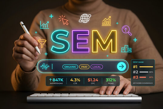 Person using stylus with holographic SEM search engine marketing interface showing organic paid local options for 847K impressions CTR CPC ROAS and SERP ranking