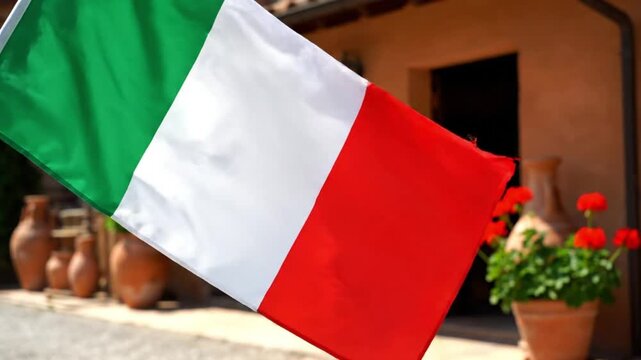 Italian Tricolore Flag Waving in a Rustic Village Courtyard