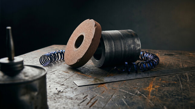 Cinematic industrial still life captures a corundum grinding wheel resting on a carbon steel cylinder with precise lathe grooves, set against fine iridescent blue shavings and a dark plate.
