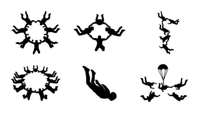 Skydiving Formation Silhouettes, Extreme Sports Teamwork Vector Icons, Freefall and Parachute Jump Graphics