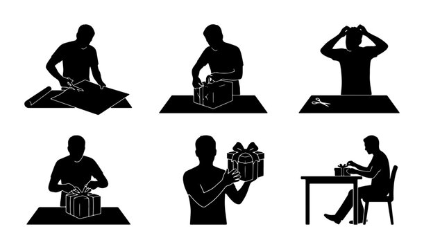 Gift Wrapping Instructions, Present Packaging Steps, Celebration Box Assembly, Holiday Occasion Preparation, Vector Icons Set