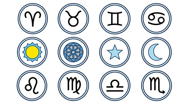 Zodiac signs collection aries taurus gemini cancer leo virgo libra and scorpio symbols in circular frames