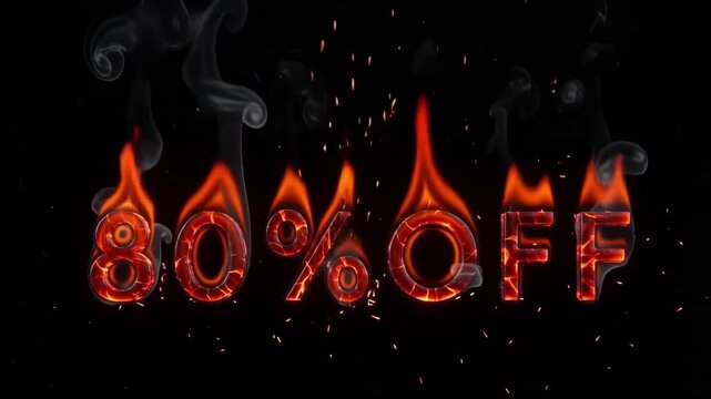 80 percent off text burning in intense bright orange flames with rising smoke and scattering glowing embers in this high quality 3D motion graphic animation video clip for retail sales