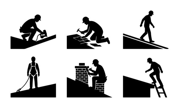 Roofing Construction Icons Set, Building Maintenance Silhouettes, Home Repair Safety Symbols, Residential Exterior Work Pictograms
