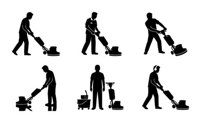 Fototapeta premium Floor Polisher Icons Set, Professional Cleaning Equipment Silhouettes, Janitorial Service Symbols, Commercial Maintenance Vector Graphics