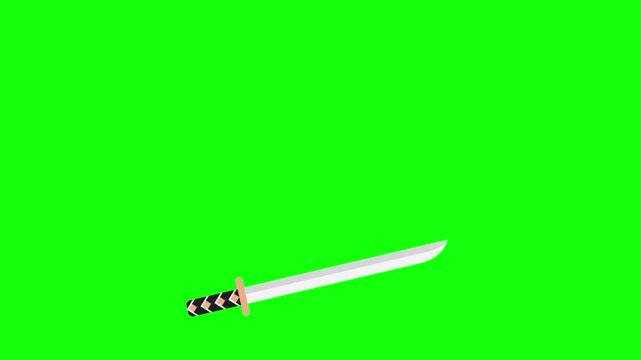 Stylized flat-design katana with black diamond-patterned handle and silver curved blade. Isolated on vivid green screen for chroma key, seamless looping animation, crisp vector style.