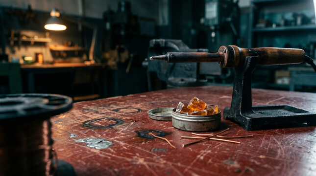Atmospheric wide shot of a vintage wooden-handled soldering iron on a heavy cast-iron stand. Warm 2700K lamp glow mixes with cold 5500K rim light over carmine-brown textolite workbench texturing.