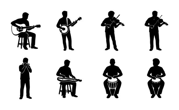 Musician Silhouettes Collection: Guitarist, Banjo Player, Violinist, Harmonica Player, Drummer, Vector Icons for Music Concepts