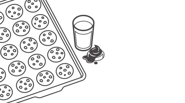 A baking sheet filled with freshly baked chocolate chip cookies next to a glass of milk.