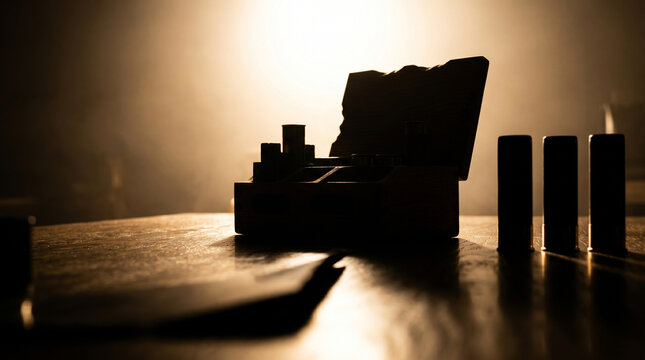 Minimalist backlit silhouette of an open oak box and three upright shotgun shells on an oiled ash table reflecting a warm, hazy golden-amber atmospheric background.