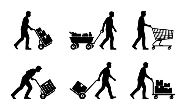 Silhouette Icons: Shopping Cart, Hand Truck, Dolly, and Trolley Variations for Logistics and Retail