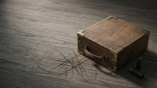 Closed antique oak storage box with brass corner brackets and a leather handle positioned on an expansive weathered ash workbench with deep intersecting blade score marks.