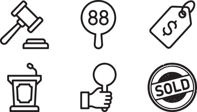Auction and sale icons gavel, bid paddle, price tag, podium, hand with paddle, and sold stamp for bidding and commerce