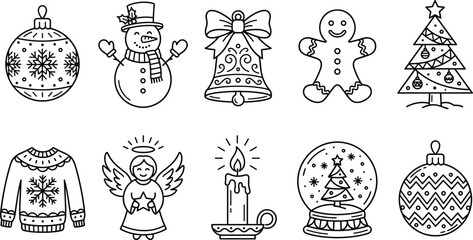 Naklejka premium Christmas Elements Outline Icon Set Featuring Bauble Snowman Bell Gingerbread Man Tree Ugly Sweater Angel Candle and Snow Globe Line Art Designs