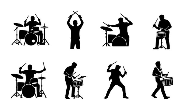 Drummer Silhouettes Collection, Rock Band Musician Icons, Percussionist Performance Vector Set, Music Performance Graphics