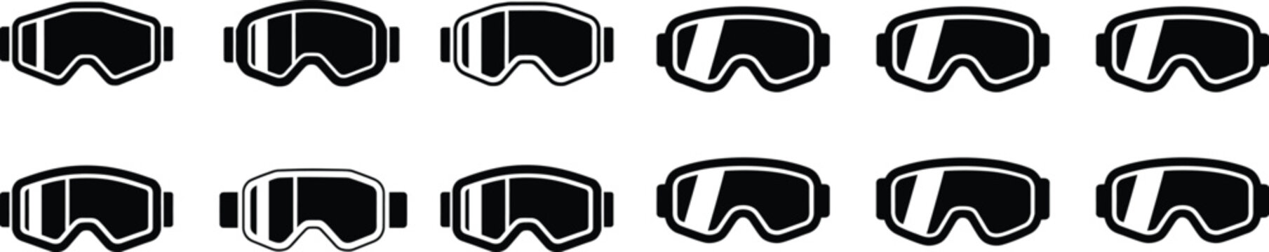 Set of black ski goggles and snowboard masks with white frame collection on transparent background, protective eyewear for winter sports.