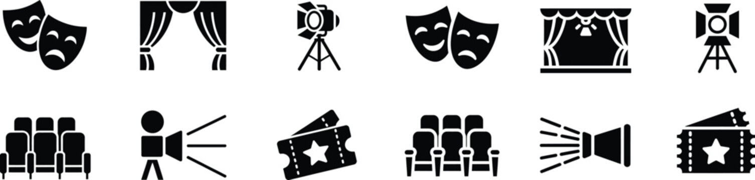 Set of black theater icons including masks, curtains, spotlight, seats, camera, and tickets collection on transparent background.