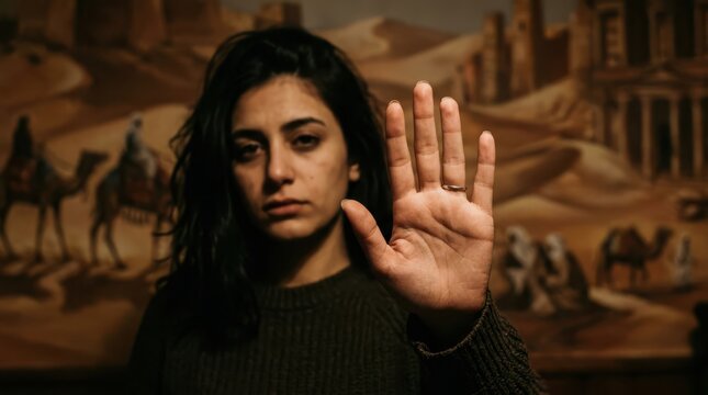Warning caution against exploitation woman's hand stop sign desert background human rights concept