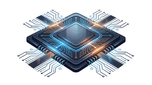 Central processing unit microchip with glowing electronic circuits