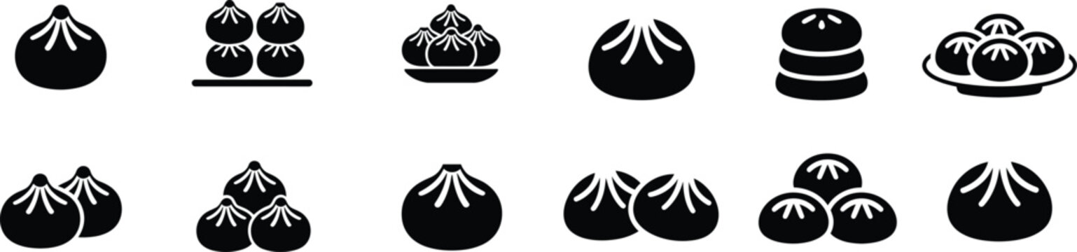 Dim sum icons, chinese dumplings, steamed buns, various serving styles, culinary symbols.