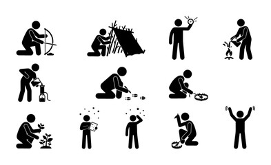 Fototapeta premium Survival Skills Icon Set: Primitive Bushcraft, Fire Starting, Shelter Building, Foraging, Navigation, and Outdoor Activities Vector Graphics
