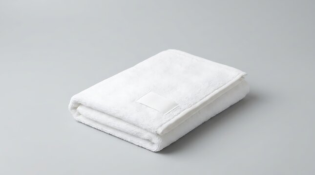 Folded white cotton towel with blank branding label mockup for hospitality spa and bathroom textile presentation