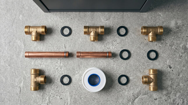 Top-down flatlay architectural still life captures an organized plumbing component kit of unbranded solid brass T-joints, copper pipes with oxidation rings, and black nitrile rubber washers.