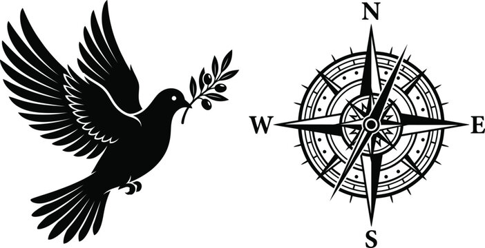 Dove in Flight, Carrying an Olive Branch, Next to a Detailed Compass Rose Pointing North, South, East, and West.