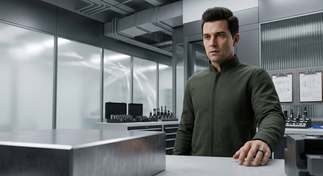 A meticulous overview of an immaculate aerospace workshop. A detailed view of a technician's dense, structured quiff and heavy woven olive jacket, holding an unmachined steel alloy block. High-end ind