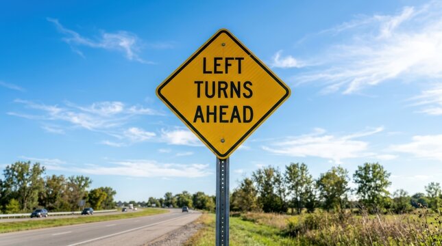 Warning caution ahead yellow left turn road sign on highway with traffic and trees