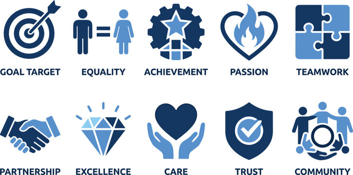 Set of icons embodying company values goal target equality achievement passion teamwork partnership excellence trust.