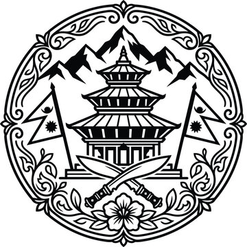 An intricate black and white sketch of the national emblem of nepal featuring a pagoda, mountains, and khukuri.