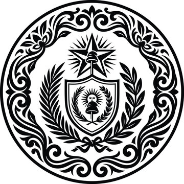 A comprehensive monochromatic artistic vector sketch of a national emblem featuring a Phrygian cap, sun, star, and botanical laurel wreath.