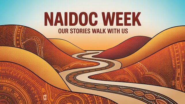 NAIDOC Week banner with traditional Aboriginal art pattern on desert hill and path