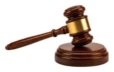 Polished dark wood gavel with a gold band rests on its matching sound block, isolated transparent background image © Illustration