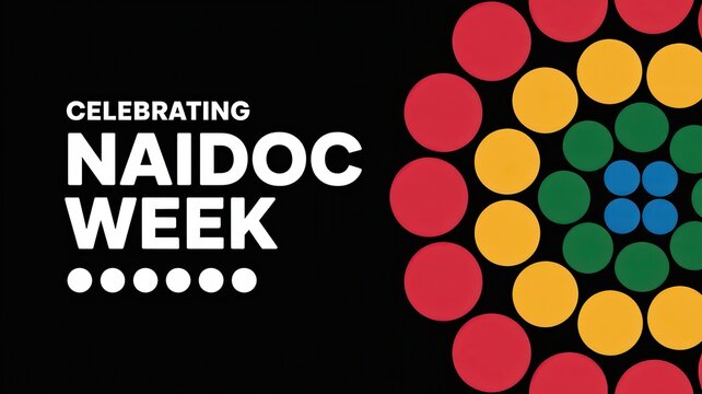 Celebrating NAIDOC Week graphic with vibrant geometric dot pattern on black background