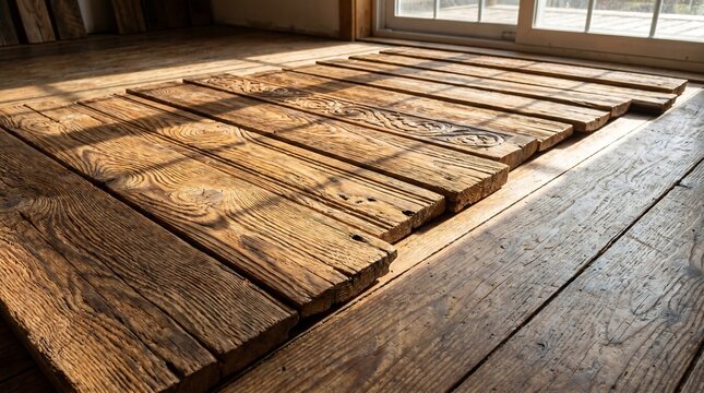 Rustic reclaimed wood planks on floor with carved detail