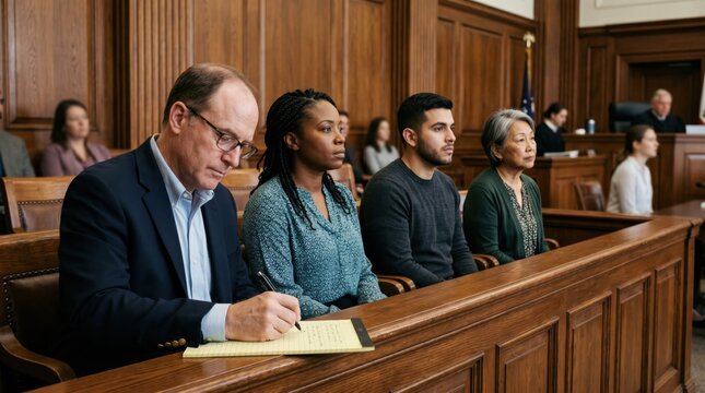Lawyer sitting with a diverse group of clients in a courtroom. Legal professional taking notes during a trial. Justice system scene showing attorney providing support and legal advice.