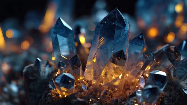 Bright blue crystals shine in dark background with sparkling details showing natural beauty and unique forms of the mineral collection