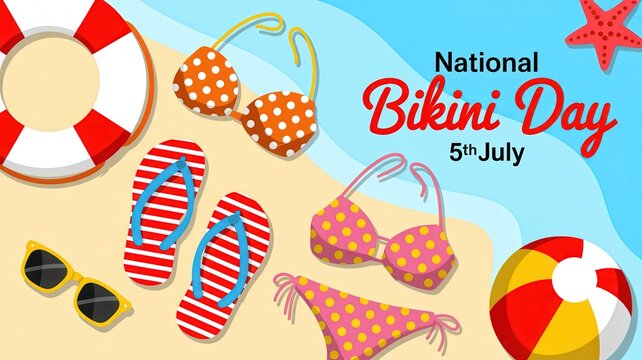 National Bikini Day Banner with Beach Accessories and Swimwear on Sand for July 5th