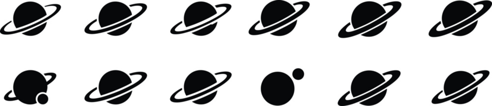 Set of saturn planet icons flat vector illustrations various styles with rings and moons.