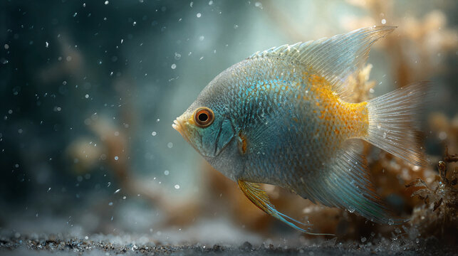 Close-up of a beautiful blue angelfish swimming in clear water with bubbles