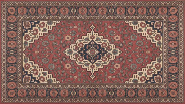 Traditional Persian rug with intricate floral and geometric pattern in red and navy